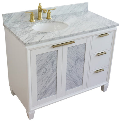 Bellaterra Home Trento 43" 2-Door 3-Drawer White Freestanding Vanity Set With Ceramic Left Undermount Oval Sink and White Carrara Marble Top, and Left Door Cabinet