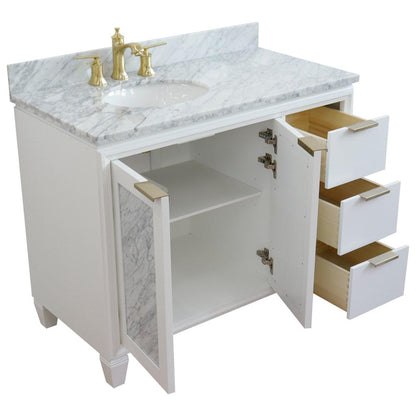 Bellaterra Home Trento 43" 2-Door 3-Drawer White Freestanding Vanity Set With Ceramic Left Undermount Oval Sink and White Carrara Marble Top, and Left Door Cabinet