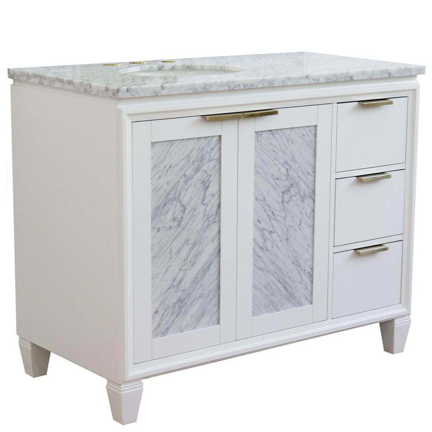 Bellaterra Home Trento 43" 2-Door 3-Drawer White Freestanding Vanity Set With Ceramic Left Undermount Oval Sink and White Carrara Marble Top, and Left Door Cabinet