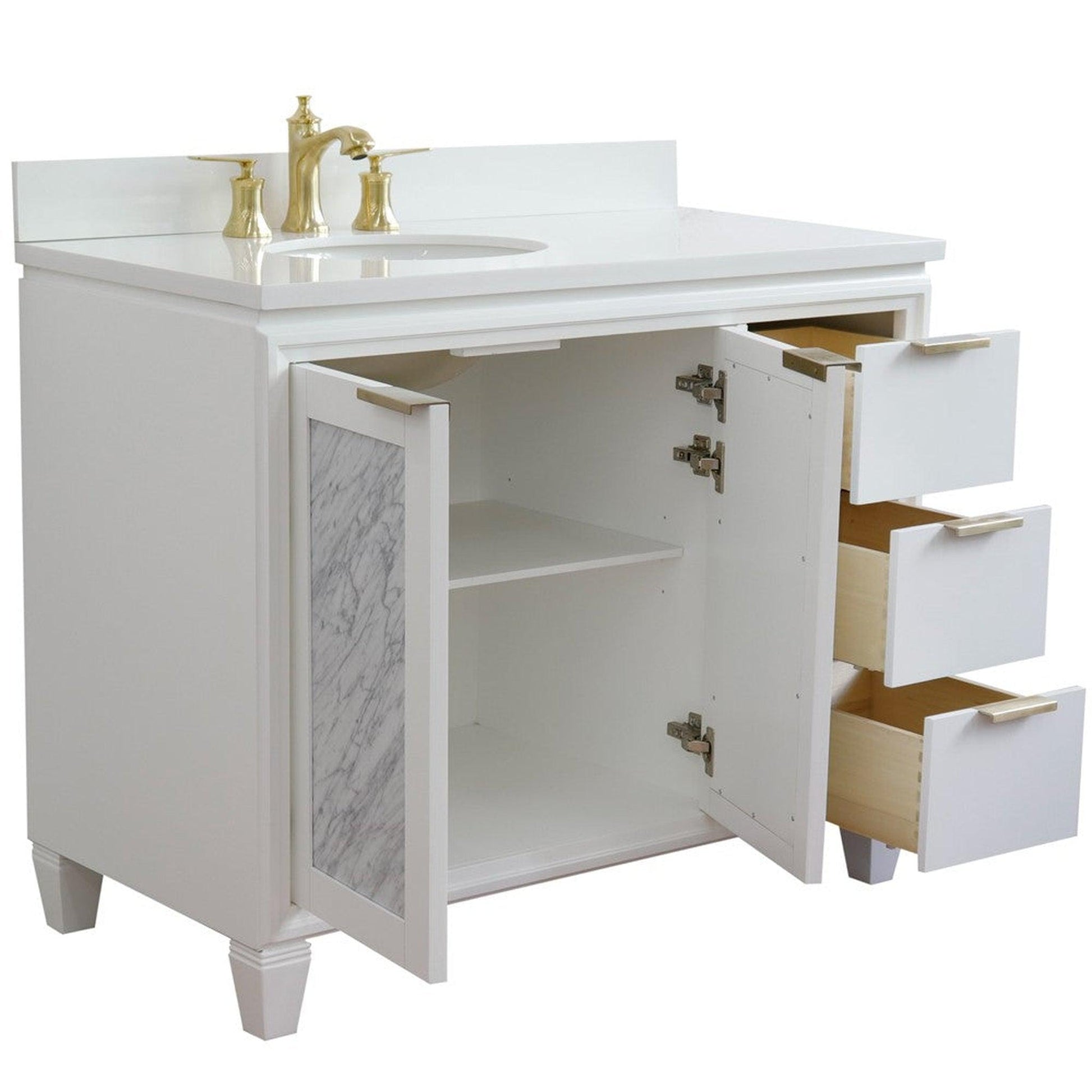 Bellaterra Home Trento 43" 2-Door 3-Drawer White Freestanding Vanity Set With Ceramic Left Undermount Oval Sink and White Quartz Top, and Left Door Cabinet