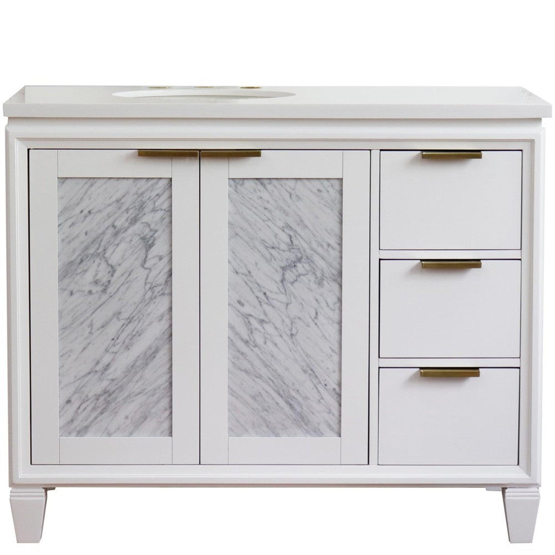 Bellaterra Home Trento 43" 2-Door 3-Drawer White Freestanding Vanity Set With Ceramic Left Undermount Oval Sink and White Quartz Top, and Left Door Cabinet