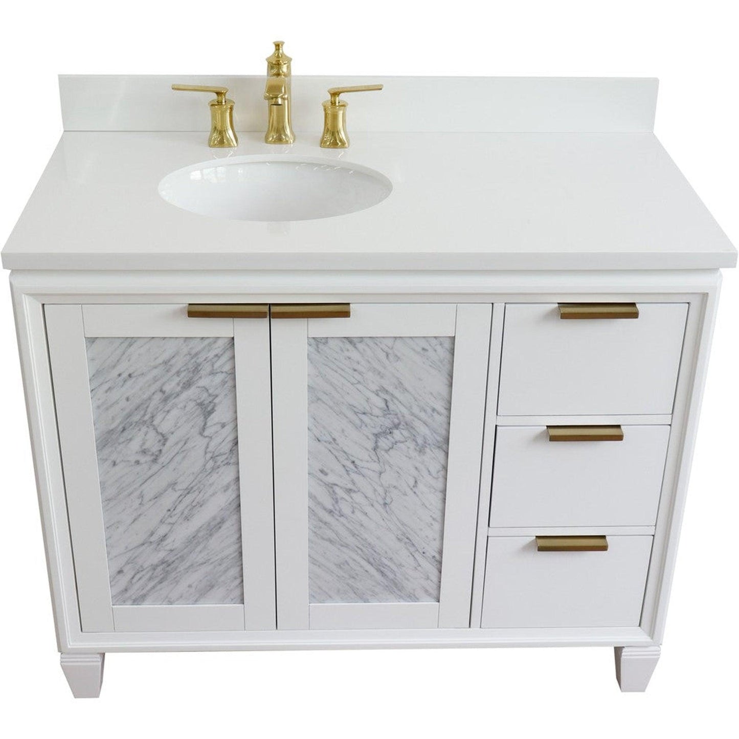 Bellaterra Home Trento 43" 2-Door 3-Drawer White Freestanding Vanity Set With Ceramic Left Undermount Oval Sink and White Quartz Top, and Left Door Cabinet