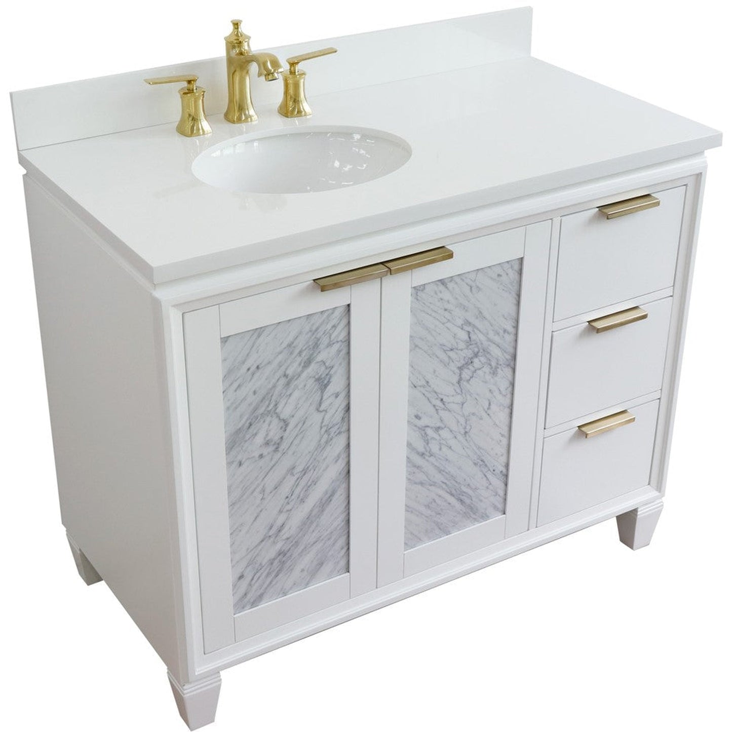 Bellaterra Home Trento 43" 2-Door 3-Drawer White Freestanding Vanity Set With Ceramic Left Undermount Oval Sink and White Quartz Top, and Left Door Cabinet