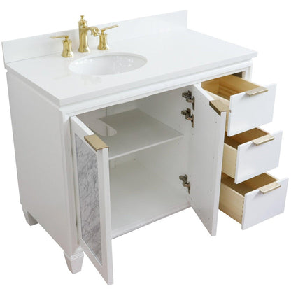 Bellaterra Home Trento 43" 2-Door 3-Drawer White Freestanding Vanity Set With Ceramic Left Undermount Oval Sink and White Quartz Top, and Left Door Cabinet