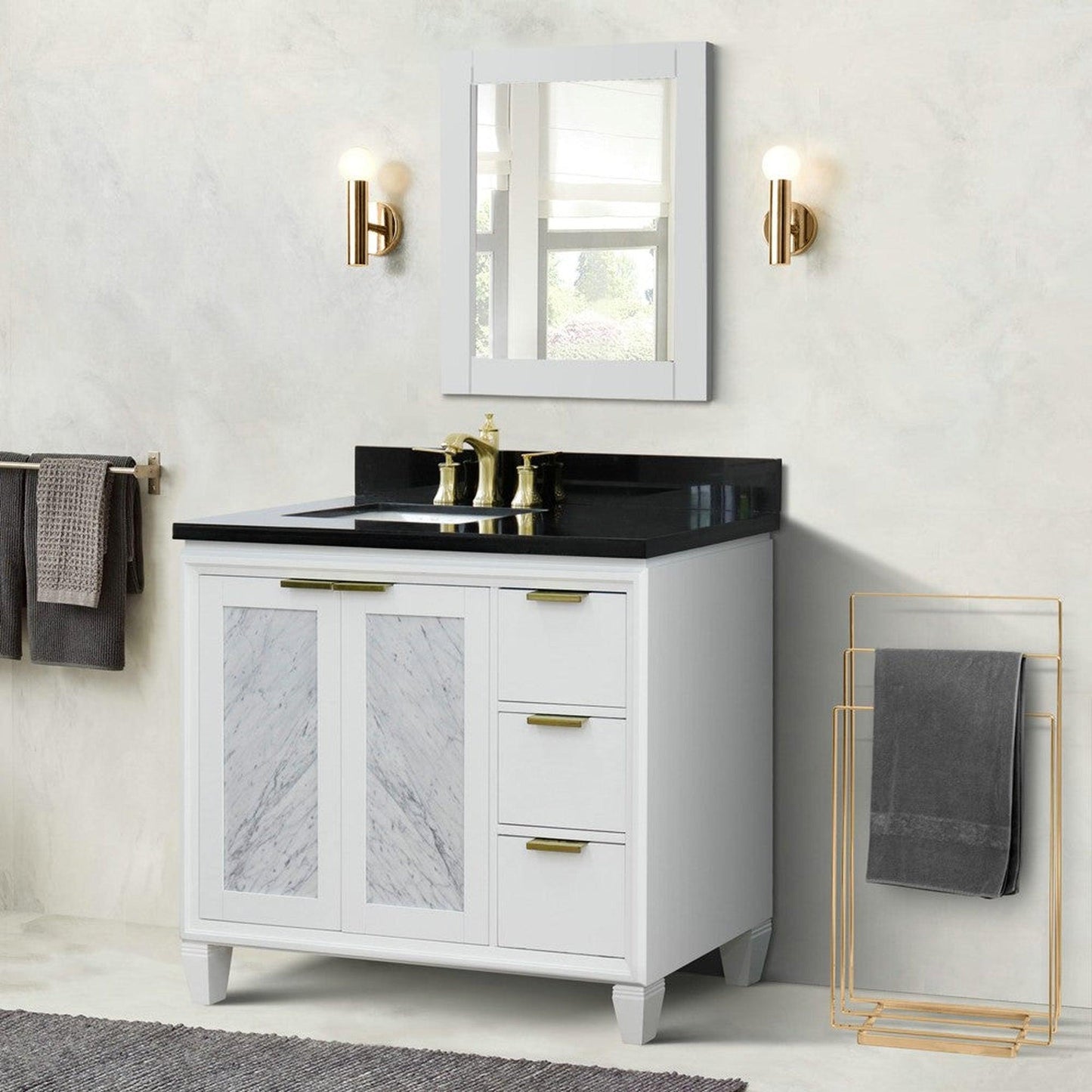 Bellaterra Home Trento 43" 2-Door 3-Drawer White Freestanding Vanity Set With Ceramic Left Undermount Rectangular Sink and Black Galaxy Granite Top, and Left Door Cabinet