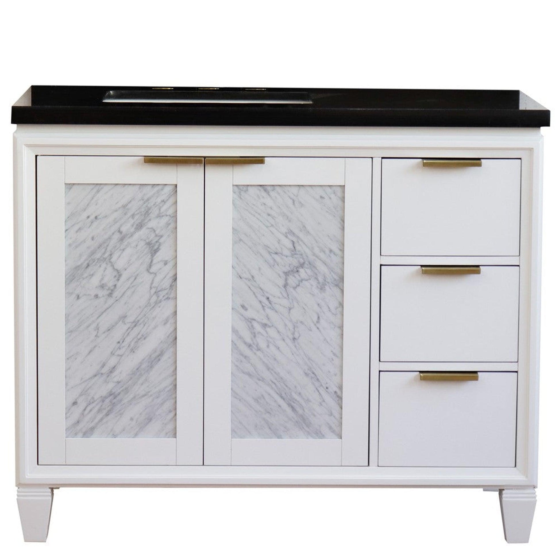 Bellaterra Home Trento 43" 2-Door 3-Drawer White Freestanding Vanity Set With Ceramic Left Undermount Rectangular Sink and Black Galaxy Granite Top, and Left Door Cabinet