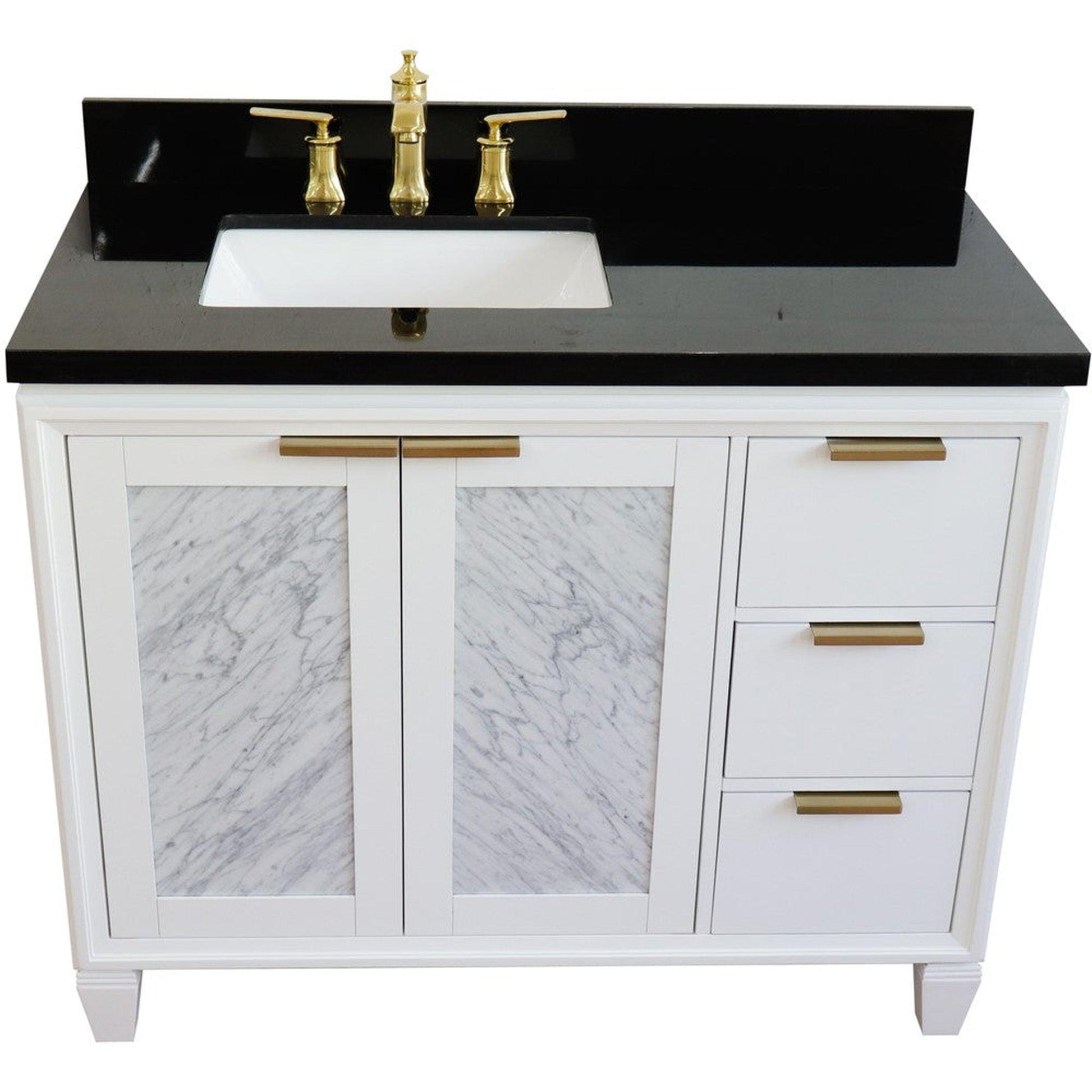 Bellaterra Home Trento 43" 2-Door 3-Drawer White Freestanding Vanity Set With Ceramic Left Undermount Rectangular Sink and Black Galaxy Granite Top, and Left Door Cabinet