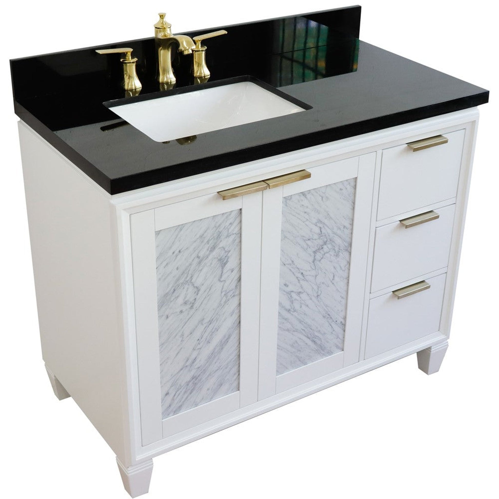 Bellaterra Home Trento 43" 2-Door 3-Drawer White Freestanding Vanity Set With Ceramic Left Undermount Rectangular Sink and Black Galaxy Granite Top, and Left Door Cabinet