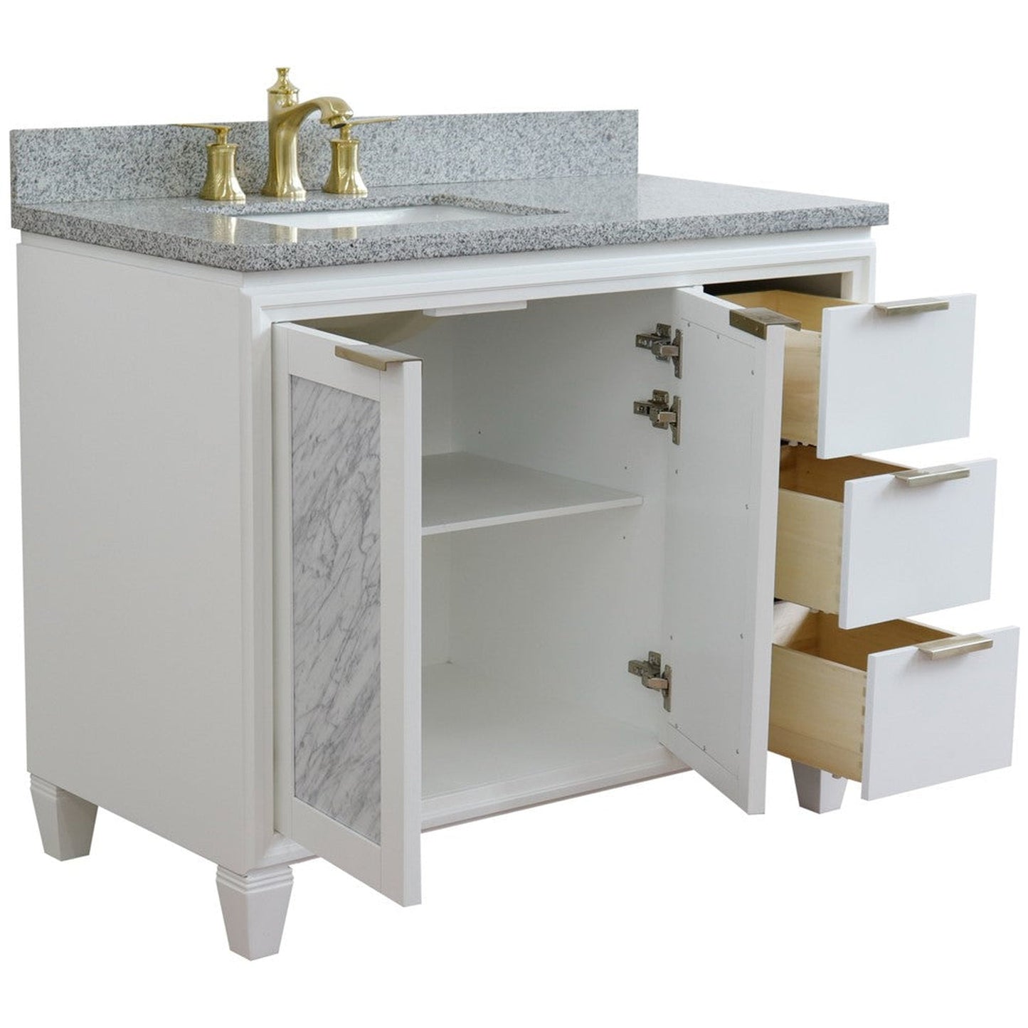 Bellaterra Home Trento 43" 2-Door 3-Drawer White Freestanding Vanity Set With Ceramic Left Undermount Rectangular Sink and Gray Granite Top, and Left Door Cabinet