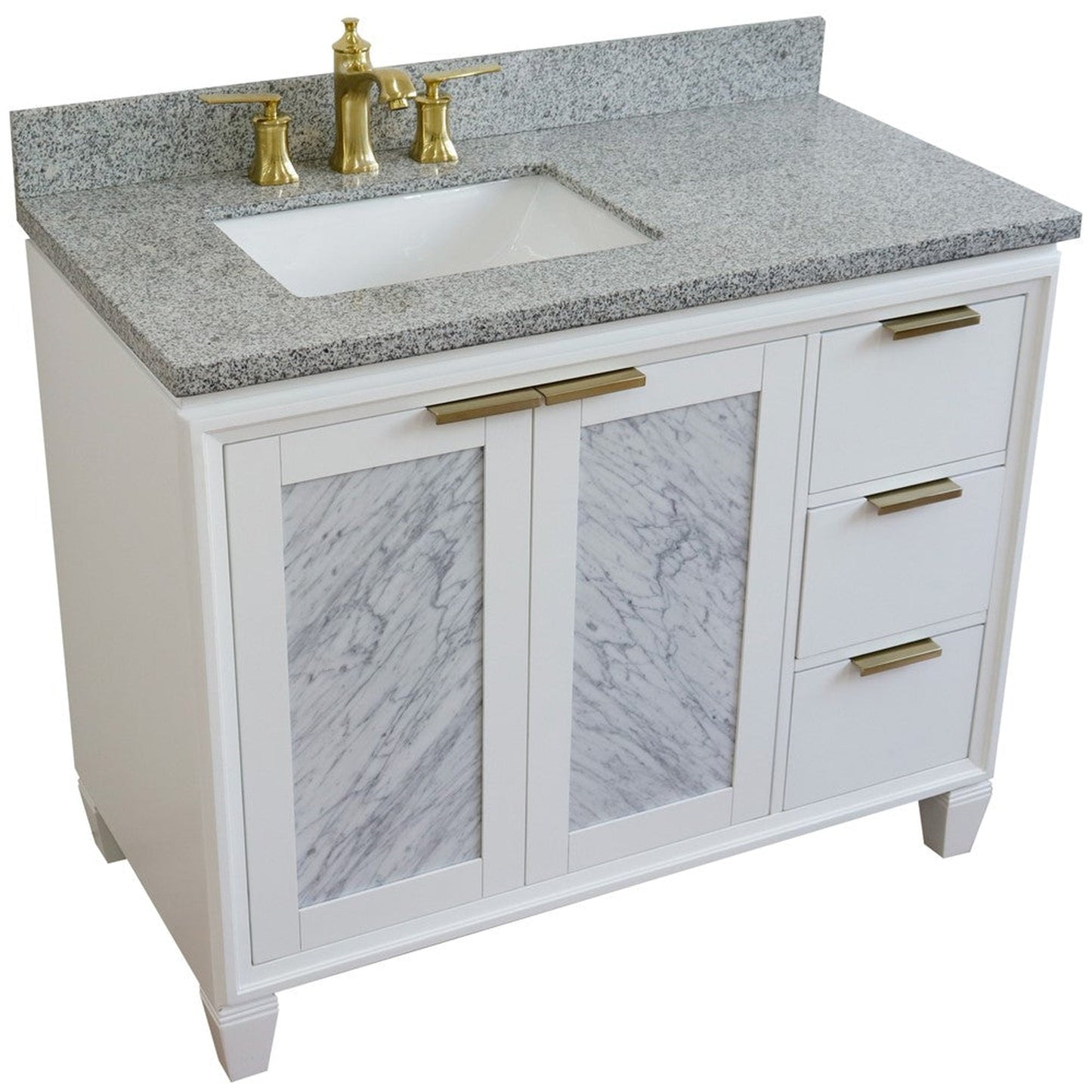 Bellaterra Home Trento 43" 2-Door 3-Drawer White Freestanding Vanity Set With Ceramic Left Undermount Rectangular Sink and Gray Granite Top, and Left Door Cabinet