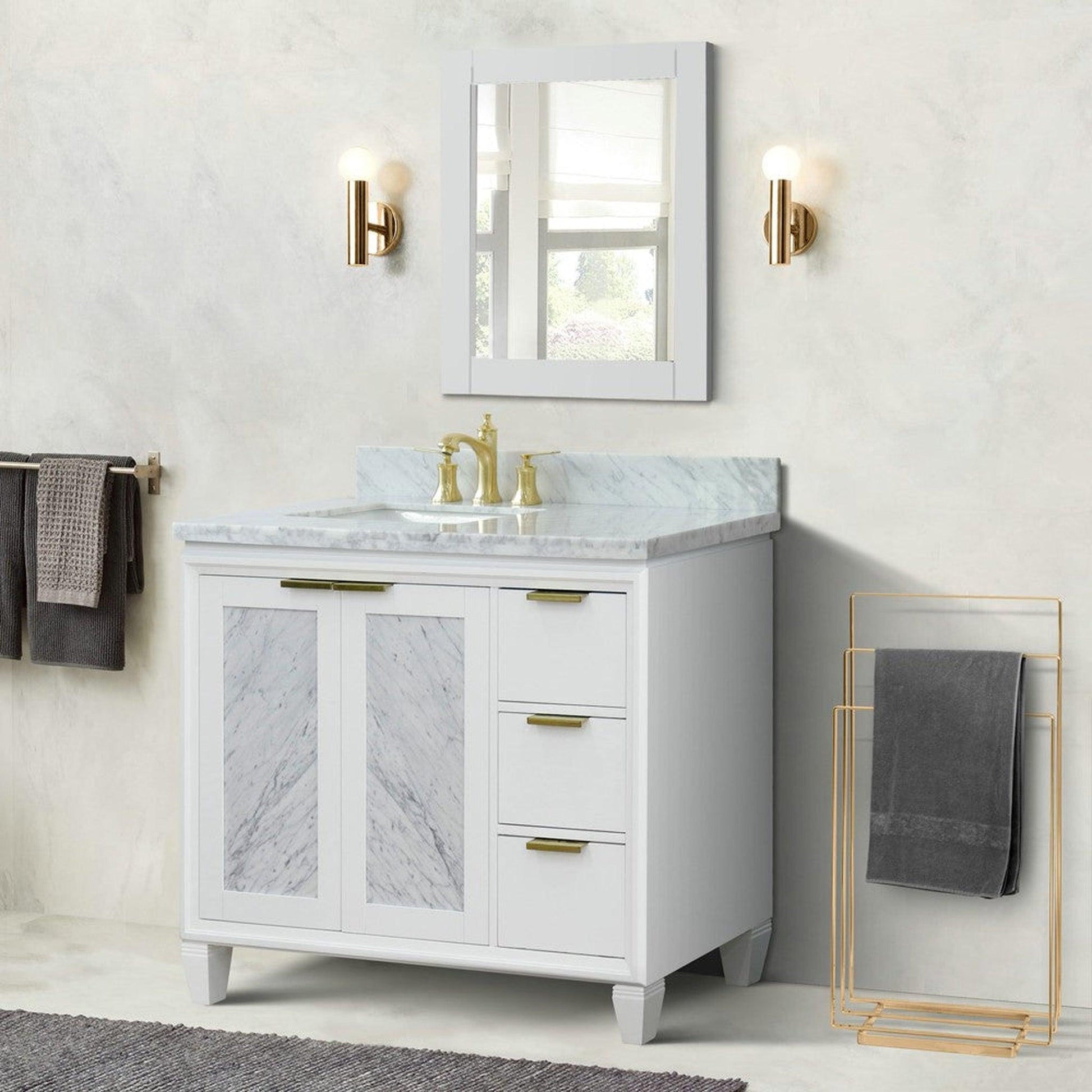 Bellaterra Home Trento 43" 2-Door 3-Drawer White Freestanding Vanity Set With Ceramic Left Undermount Rectangular Sink and White Carrara Marble Top, and Left Door Cabinet