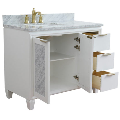 Bellaterra Home Trento 43" 2-Door 3-Drawer White Freestanding Vanity Set With Ceramic Left Undermount Rectangular Sink and White Carrara Marble Top, and Left Door Cabinet