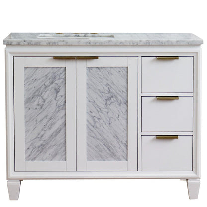 Bellaterra Home Trento 43" 2-Door 3-Drawer White Freestanding Vanity Set With Ceramic Left Undermount Rectangular Sink and White Carrara Marble Top, and Left Door Cabinet