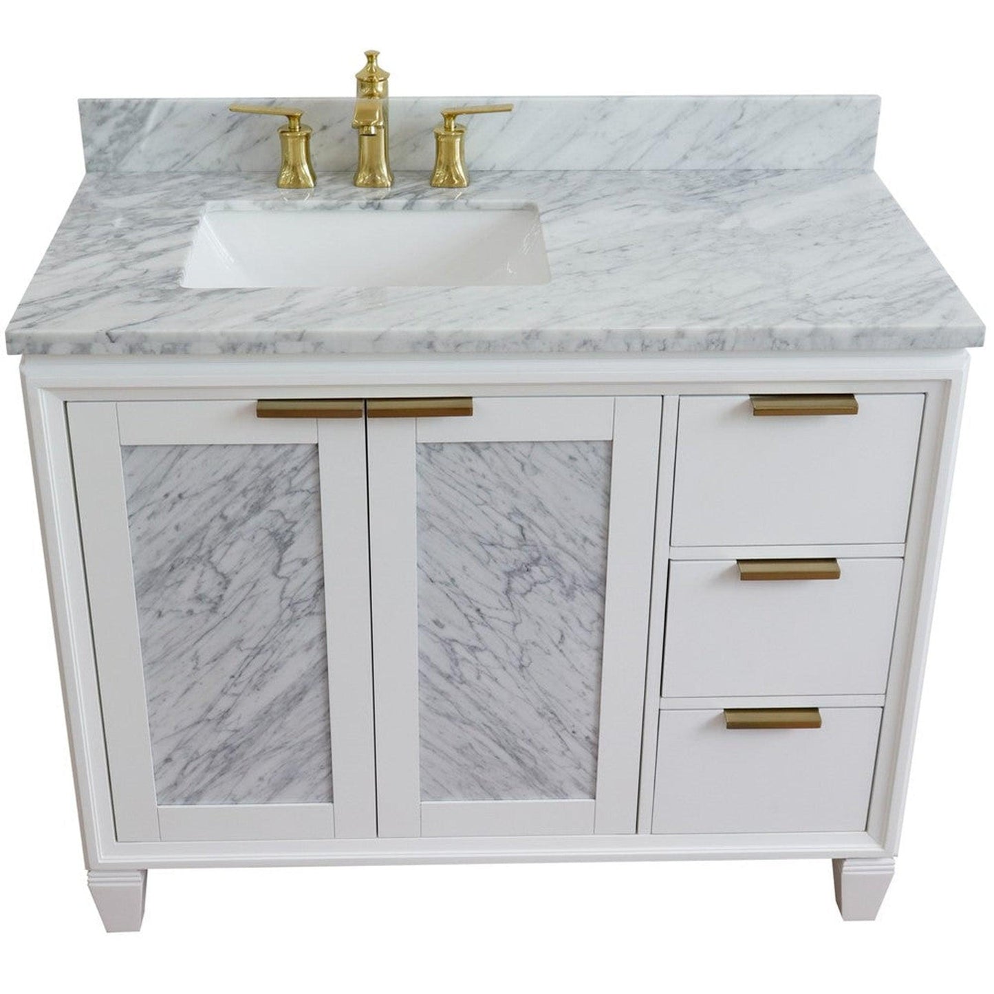 Bellaterra Home Trento 43" 2-Door 3-Drawer White Freestanding Vanity Set With Ceramic Left Undermount Rectangular Sink and White Carrara Marble Top, and Left Door Cabinet