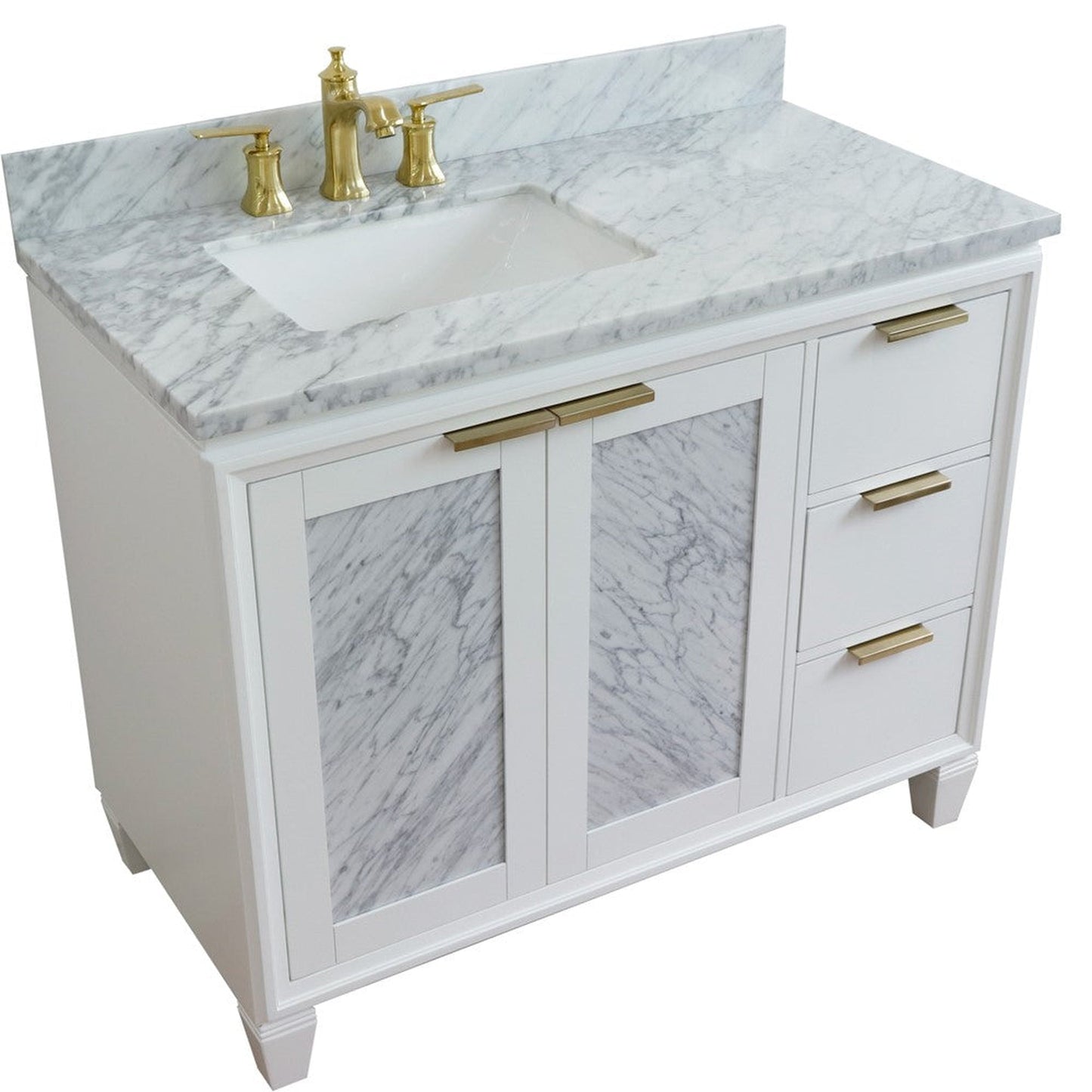 Bellaterra Home Trento 43" 2-Door 3-Drawer White Freestanding Vanity Set With Ceramic Left Undermount Rectangular Sink and White Carrara Marble Top, and Left Door Cabinet