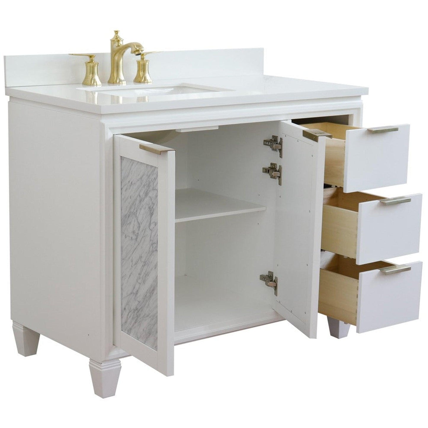 Bellaterra Home Trento 43" 2-Door 3-Drawer White Freestanding Vanity Set With Ceramic Left Undermount Rectangular Sink and White Quartz Top, and Left Door Cabinet