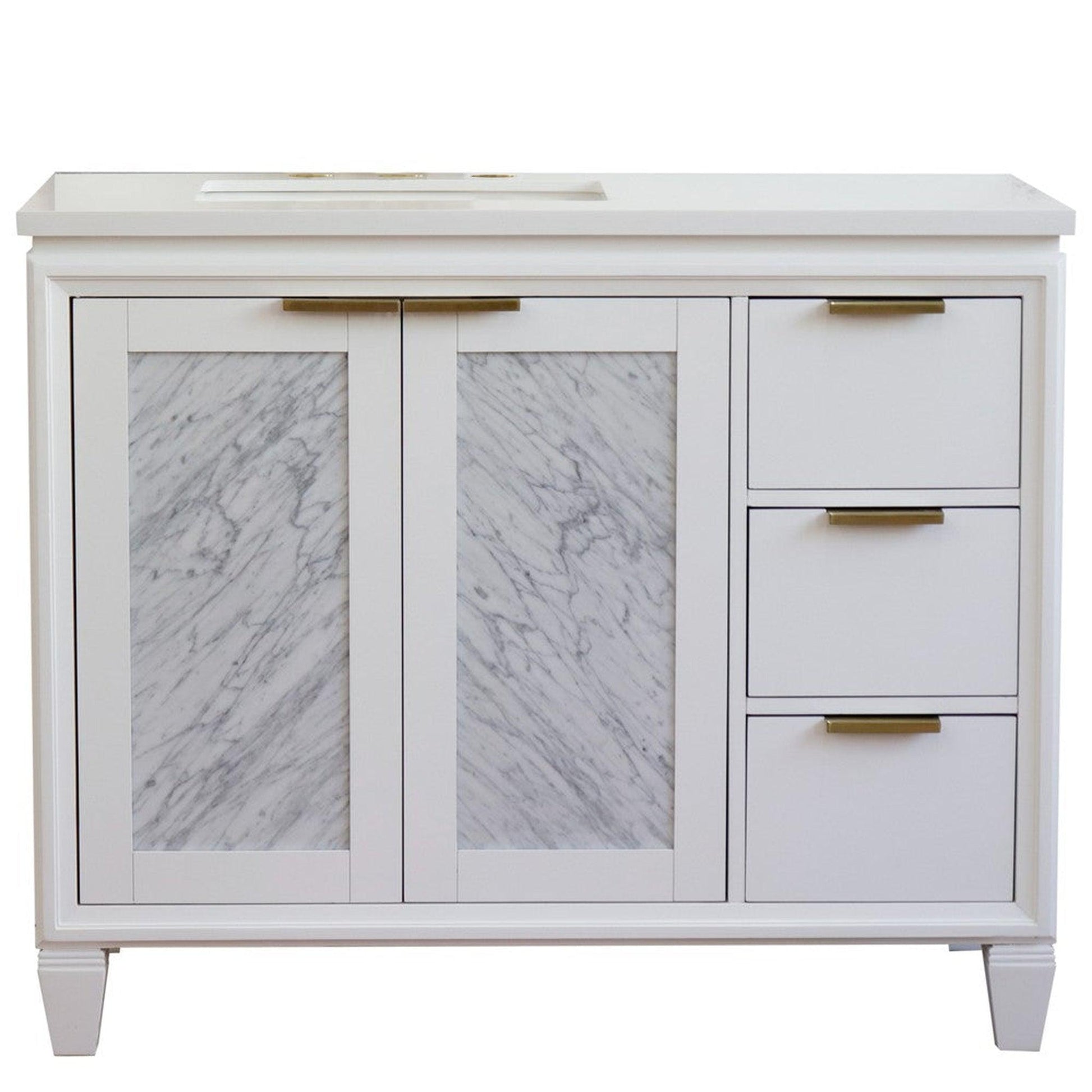 Bellaterra Home Trento 43" 2-Door 3-Drawer White Freestanding Vanity Set With Ceramic Left Undermount Rectangular Sink and White Quartz Top, and Left Door Cabinet