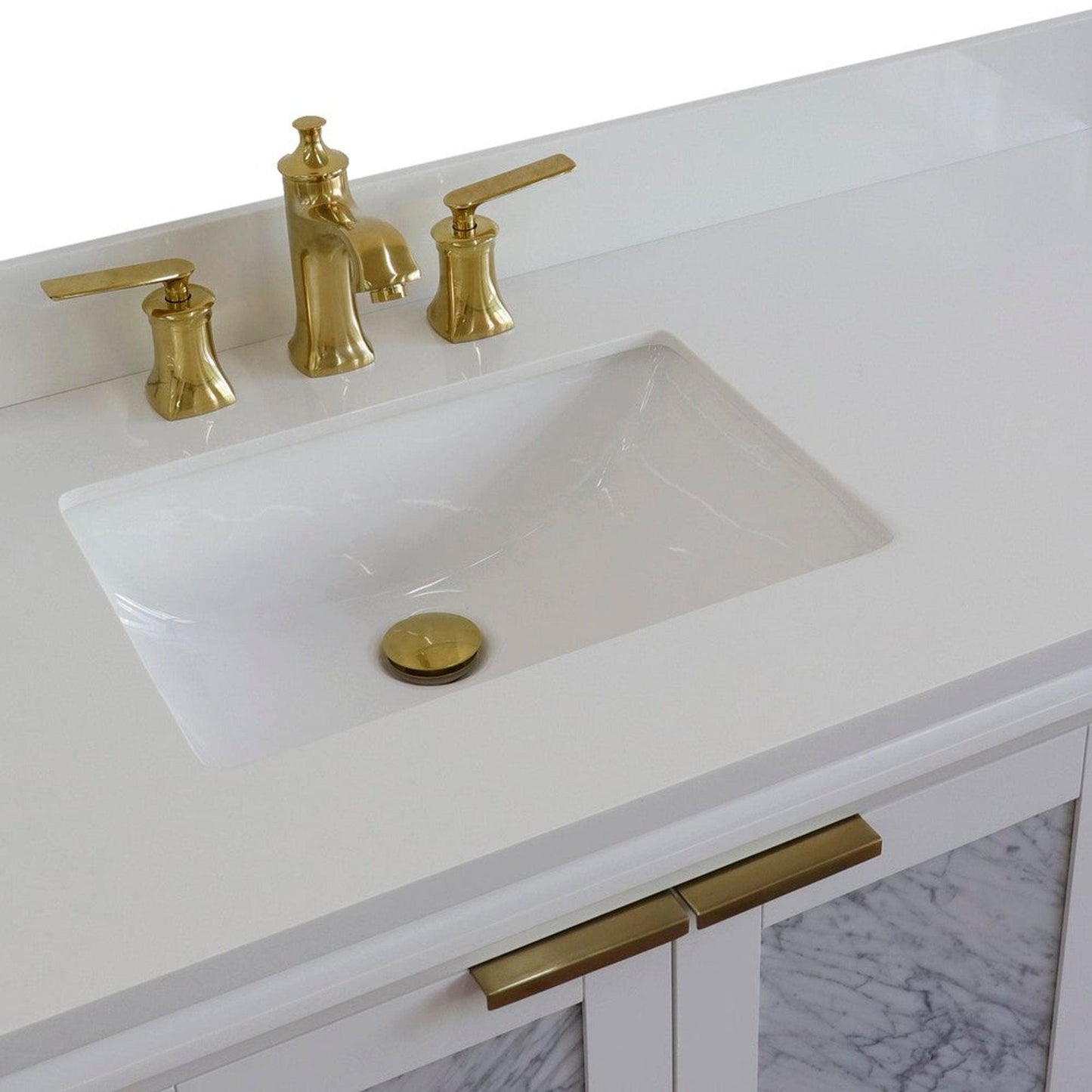 Bellaterra Home Trento 43" 2-Door 3-Drawer White Freestanding Vanity Set With Ceramic Left Undermount Rectangular Sink and White Quartz Top, and Left Door Cabinet
