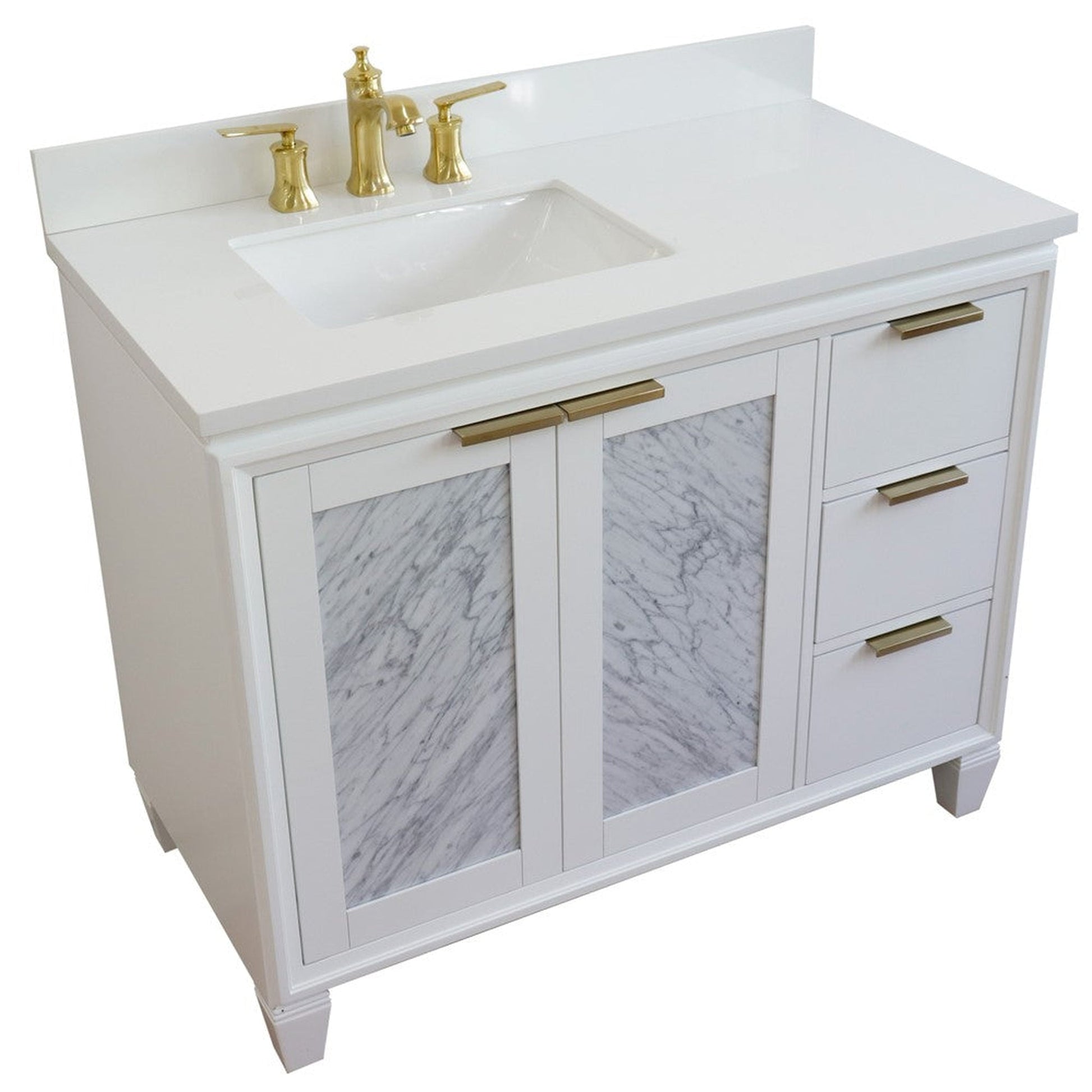 Bellaterra Home Trento 43" 2-Door 3-Drawer White Freestanding Vanity Set With Ceramic Left Undermount Rectangular Sink and White Quartz Top, and Left Door Cabinet