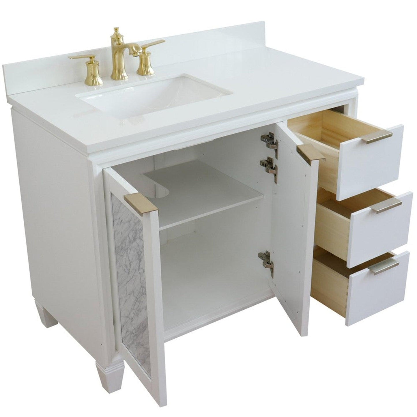 Bellaterra Home Trento 43" 2-Door 3-Drawer White Freestanding Vanity Set With Ceramic Left Undermount Rectangular Sink and White Quartz Top, and Left Door Cabinet