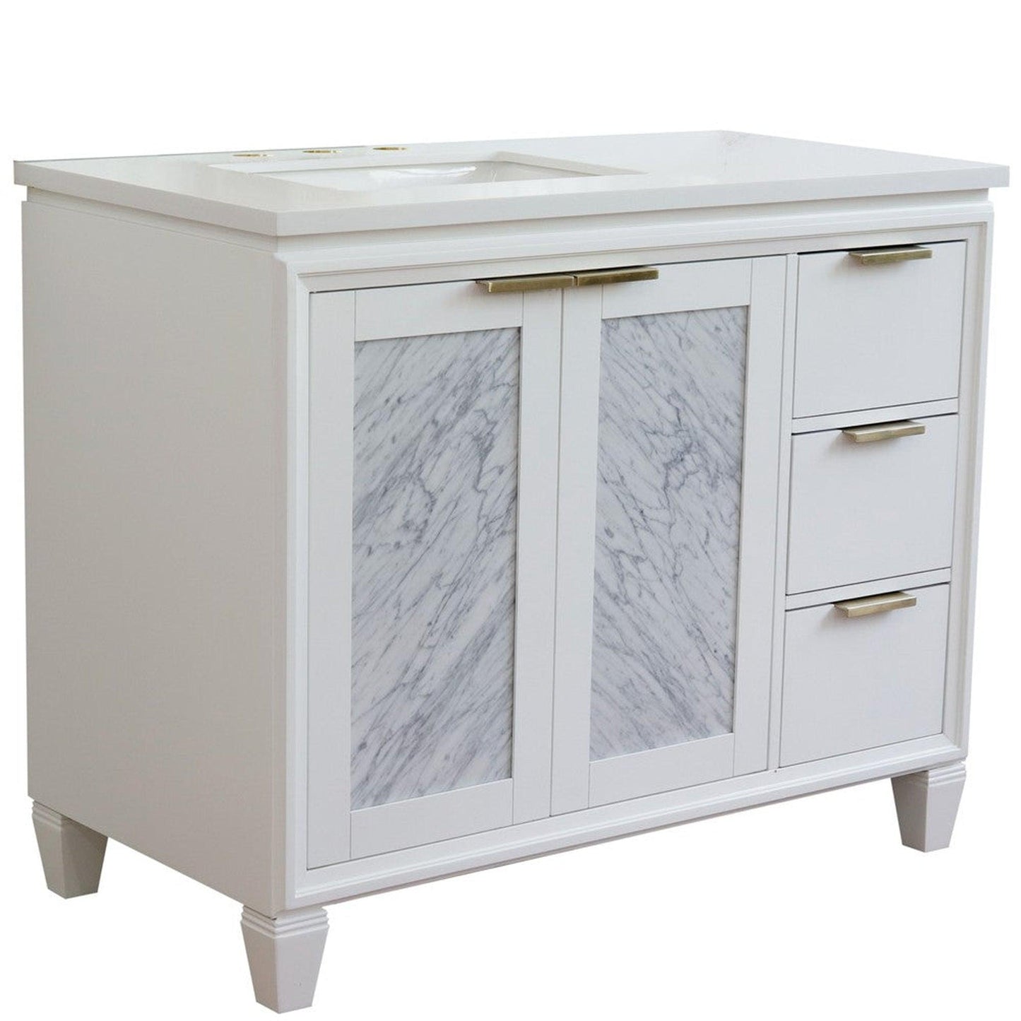 Bellaterra Home Trento 43" 2-Door 3-Drawer White Freestanding Vanity Set With Ceramic Left Undermount Rectangular Sink and White Quartz Top, and Left Door Cabinet