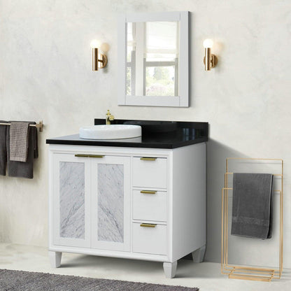 Bellaterra Home Trento 43" 2-Door 3-Drawer White Freestanding Vanity Set With Ceramic Left Vessel Sink and Black Galaxy Granite Top, and Left Door Cabinet