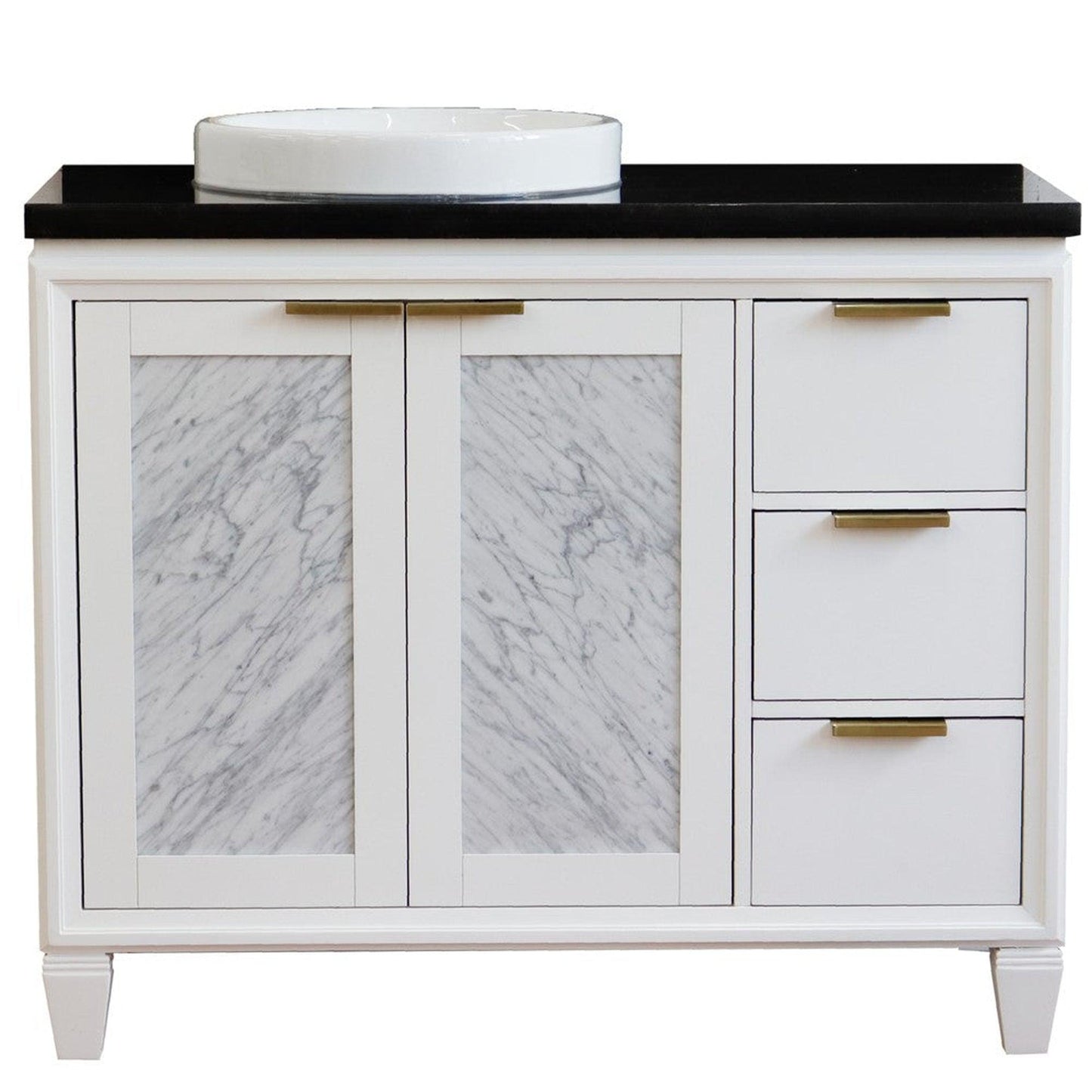 Bellaterra Home Trento 43" 2-Door 3-Drawer White Freestanding Vanity Set With Ceramic Left Vessel Sink and Black Galaxy Granite Top, and Left Door Cabinet