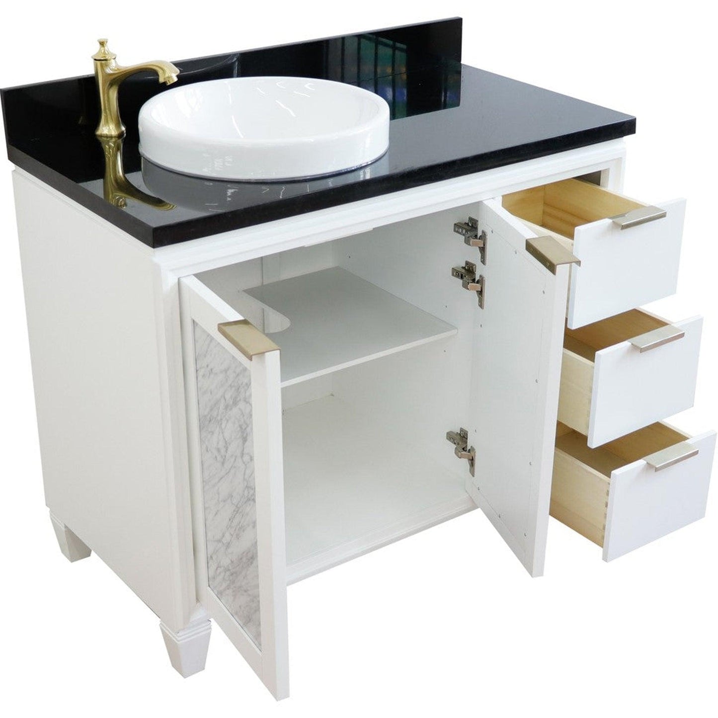 Bellaterra Home Trento 43" 2-Door 3-Drawer White Freestanding Vanity Set With Ceramic Left Vessel Sink and Black Galaxy Granite Top, and Left Door Cabinet