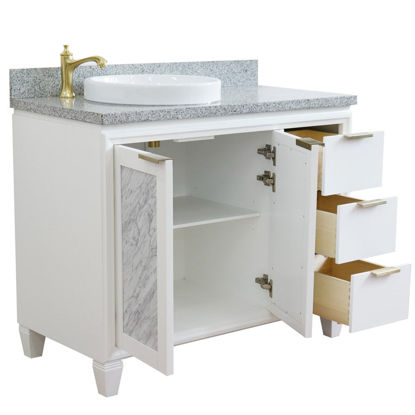 Bellaterra Home Trento 43" 2-Door 3-Drawer White Freestanding Vanity Set With Ceramic Left Vessel Sink and Gray Granite Top, and Left Door Cabinet