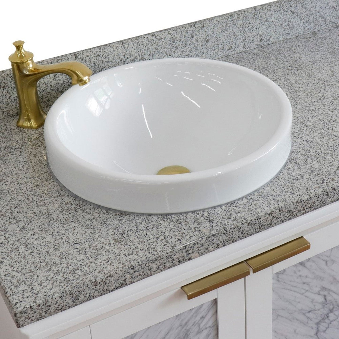 Bellaterra Home Trento 43" 2-Door 3-Drawer White Freestanding Vanity Set With Ceramic Left Vessel Sink and Gray Granite Top, and Left Door Cabinet