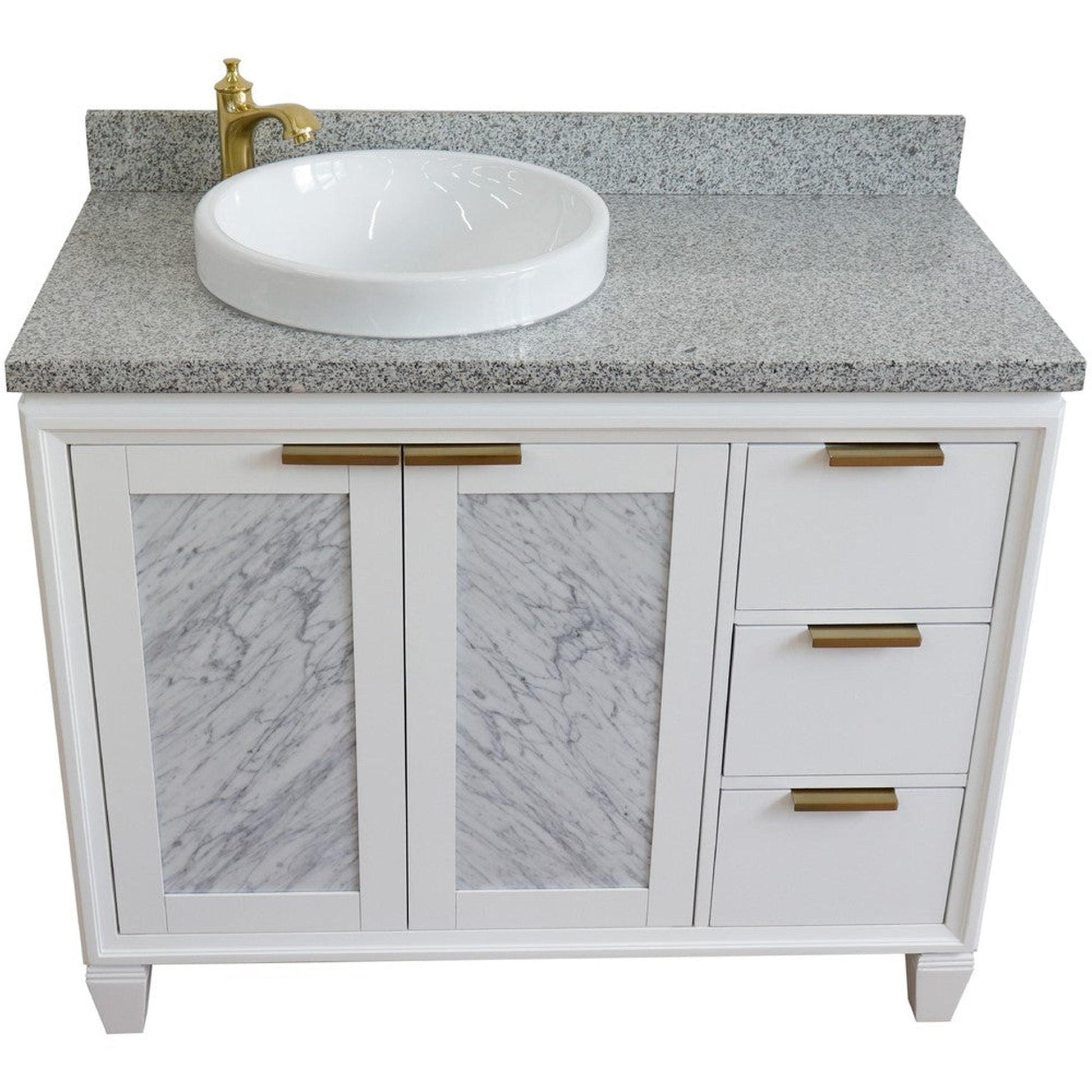 Bellaterra Home Trento 43" 2-Door 3-Drawer White Freestanding Vanity Set With Ceramic Left Vessel Sink and Gray Granite Top, and Left Door Cabinet