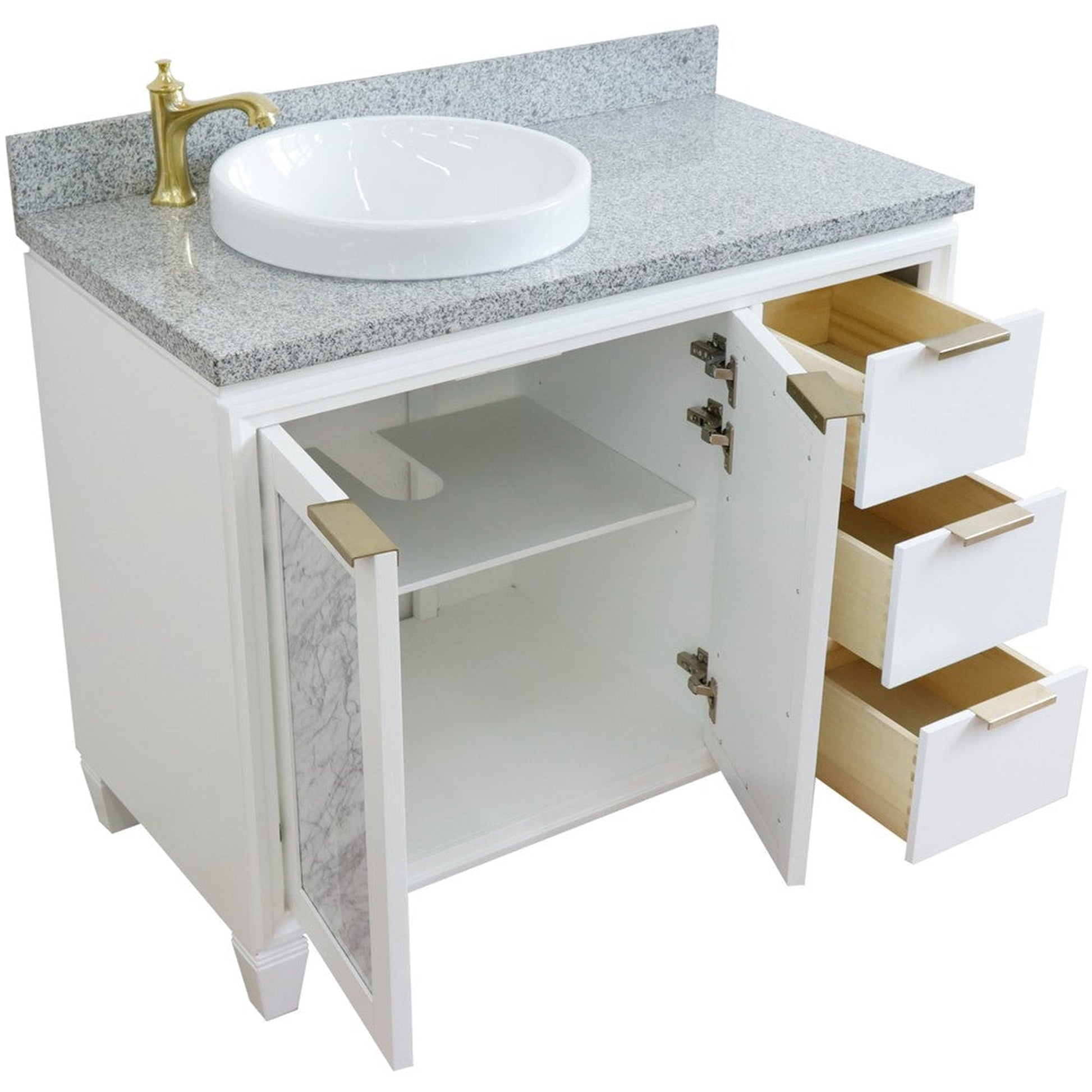 Bellaterra Home Trento 43" 2-Door 3-Drawer White Freestanding Vanity Set With Ceramic Left Vessel Sink and Gray Granite Top, and Left Door Cabinet