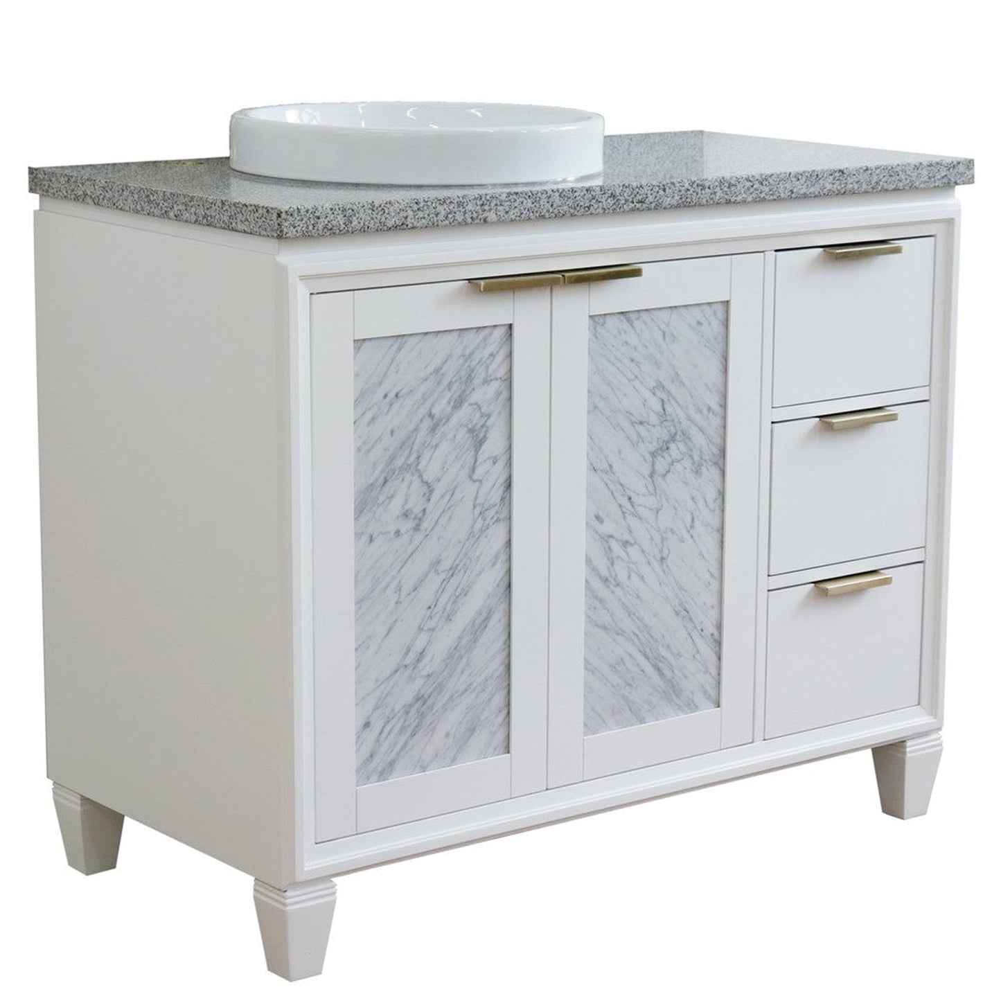 Bellaterra Home Trento 43" 2-Door 3-Drawer White Freestanding Vanity Set With Ceramic Left Vessel Sink and Gray Granite Top, and Left Door Cabinet