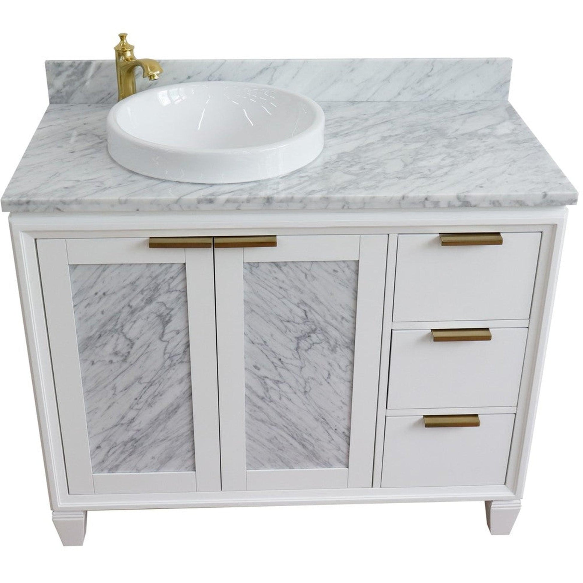 Bellaterra Home Trento 43" 2-Door 3-Drawer White Freestanding Vanity Set With Ceramic Left Vessel Sink and White Carrara Marble Top, and Left Door Cabinet