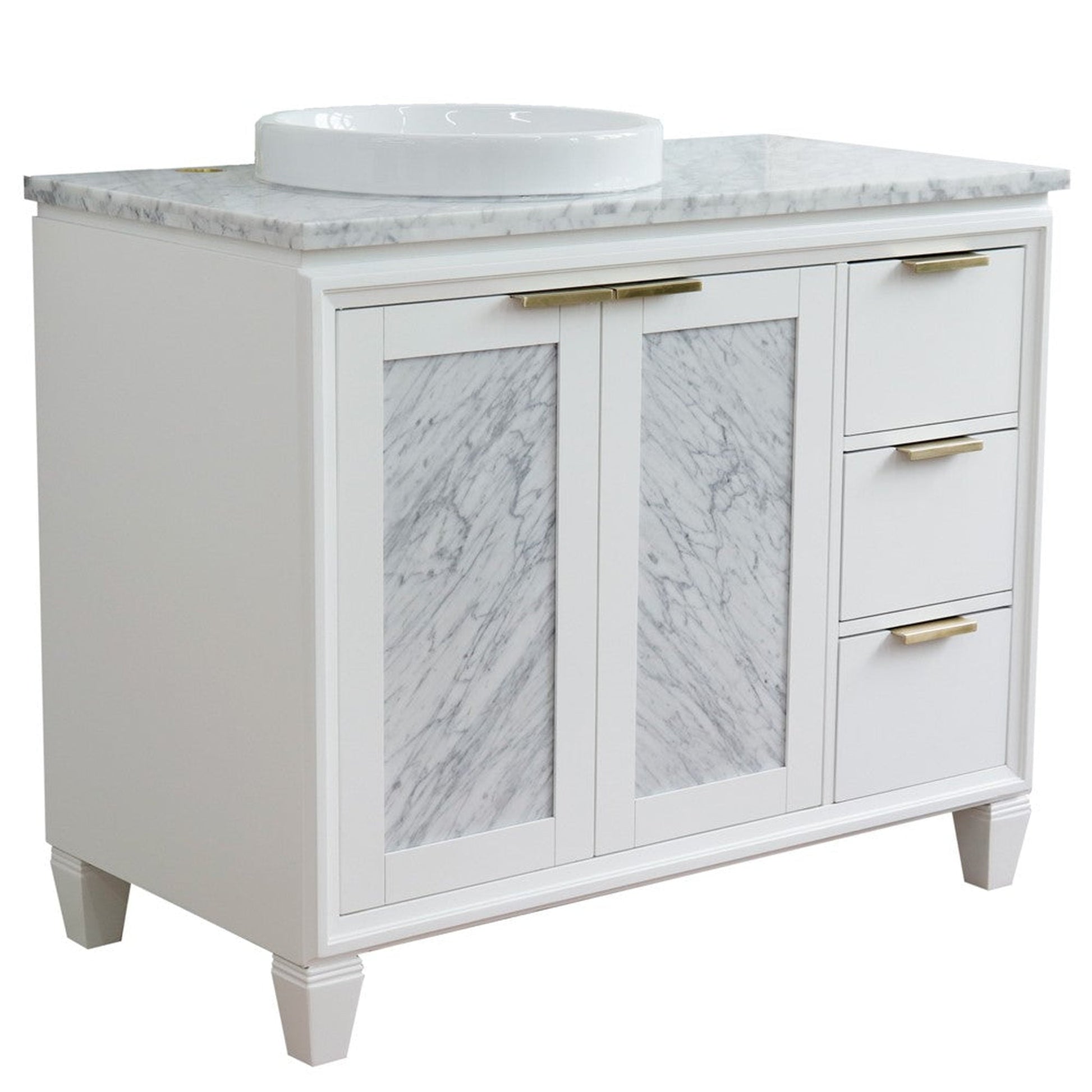 Bellaterra Home Trento 43" 2-Door 3-Drawer White Freestanding Vanity Set With Ceramic Left Vessel Sink and White Carrara Marble Top, and Left Door Cabinet