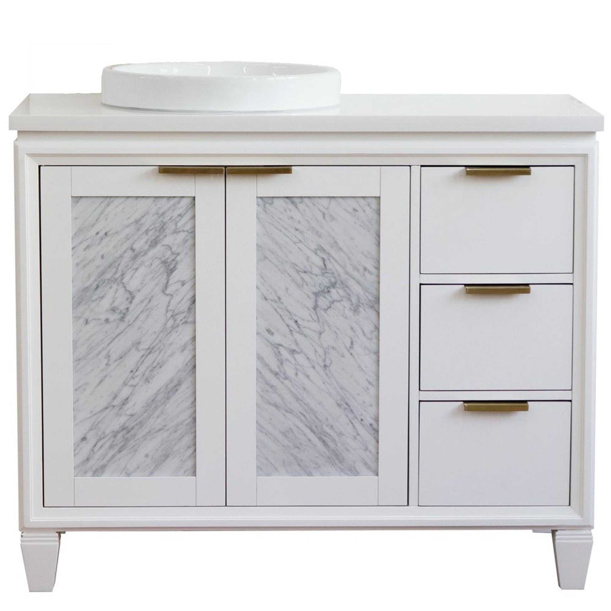 Bellaterra Home Trento 43" 2-Door 3-Drawer White Freestanding Vanity Set With Ceramic Left Vessel Sink and White Quartz Top, and Left Door Cabinet