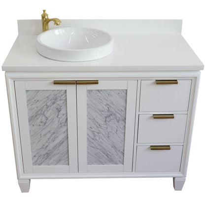 Bellaterra Home Trento 43" 2-Door 3-Drawer White Freestanding Vanity Set With Ceramic Left Vessel Sink and White Quartz Top, and Left Door Cabinet