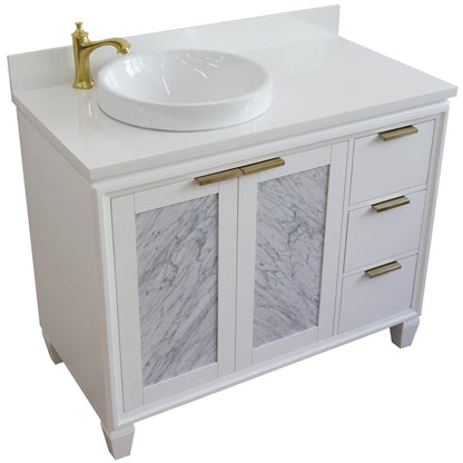 Bellaterra Home Trento 43" 2-Door 3-Drawer White Freestanding Vanity Set With Ceramic Left Vessel Sink and White Quartz Top, and Left Door Cabinet