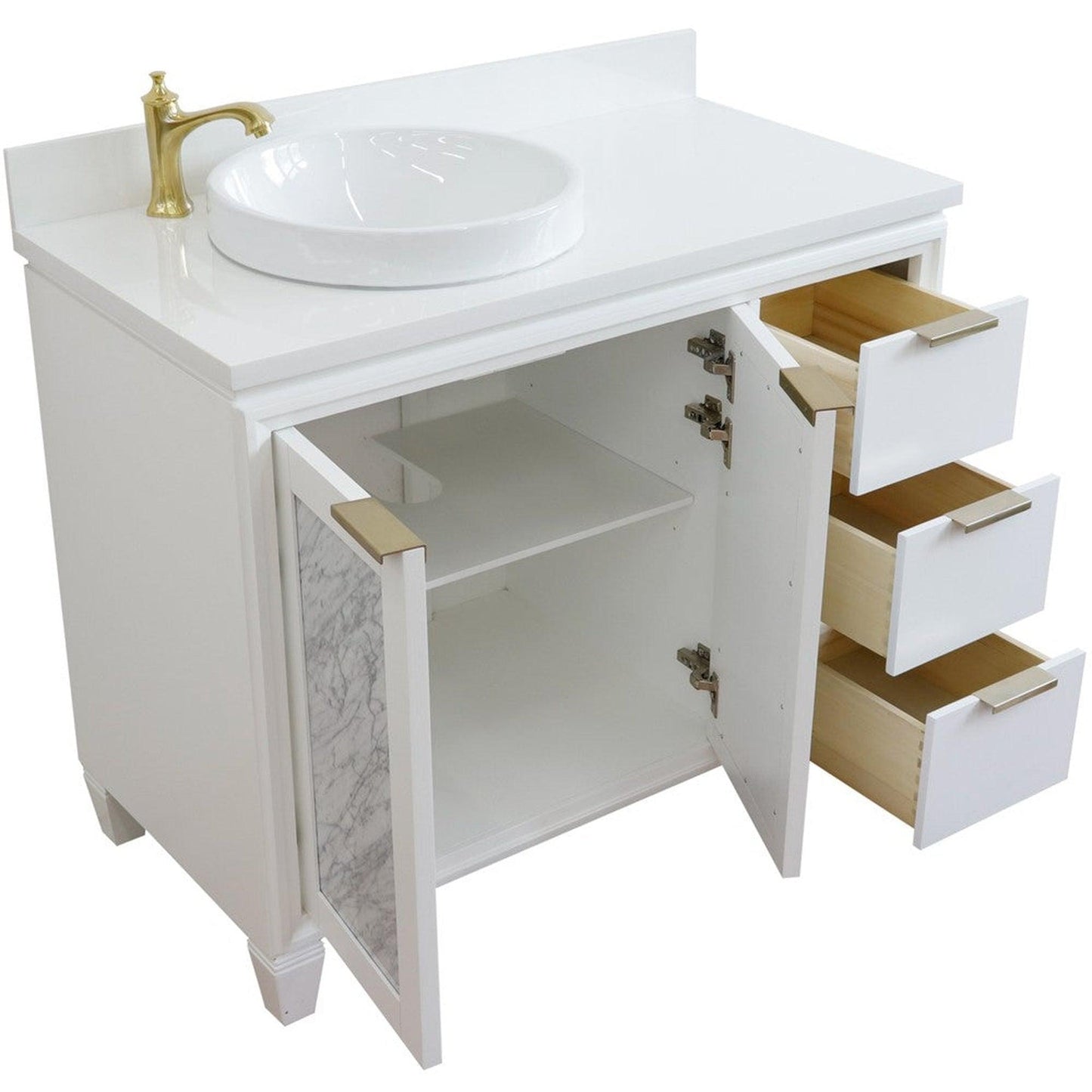 Bellaterra Home Trento 43" 2-Door 3-Drawer White Freestanding Vanity Set With Ceramic Left Vessel Sink and White Quartz Top, and Left Door Cabinet