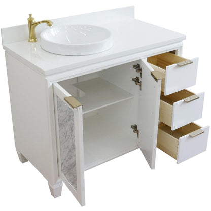 Bellaterra Home Trento 43" 2-Door 3-Drawer White Freestanding Vanity Set With Ceramic Left Vessel Sink and White Quartz Top, and Left Door Cabinet
