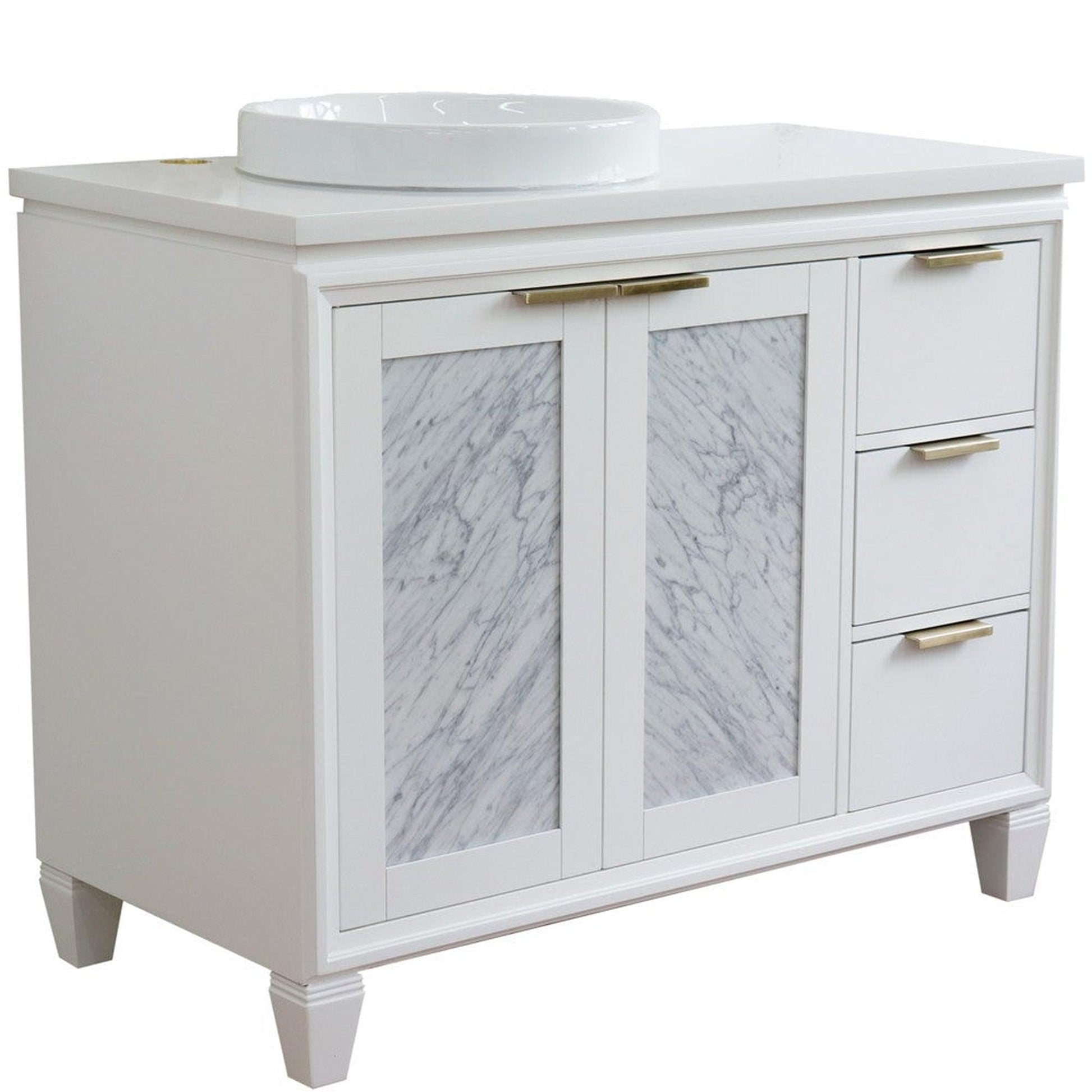 Bellaterra Home Trento 43" 2-Door 3-Drawer White Freestanding Vanity Set With Ceramic Left Vessel Sink and White Quartz Top, and Left Door Cabinet