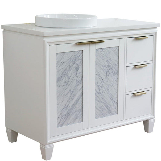 Bellaterra Home Trento 43" 2-Door 3-Drawer White Freestanding Vanity Set With Ceramic Left Vessel Sink and White Quartz Top, and Left Door Cabinet