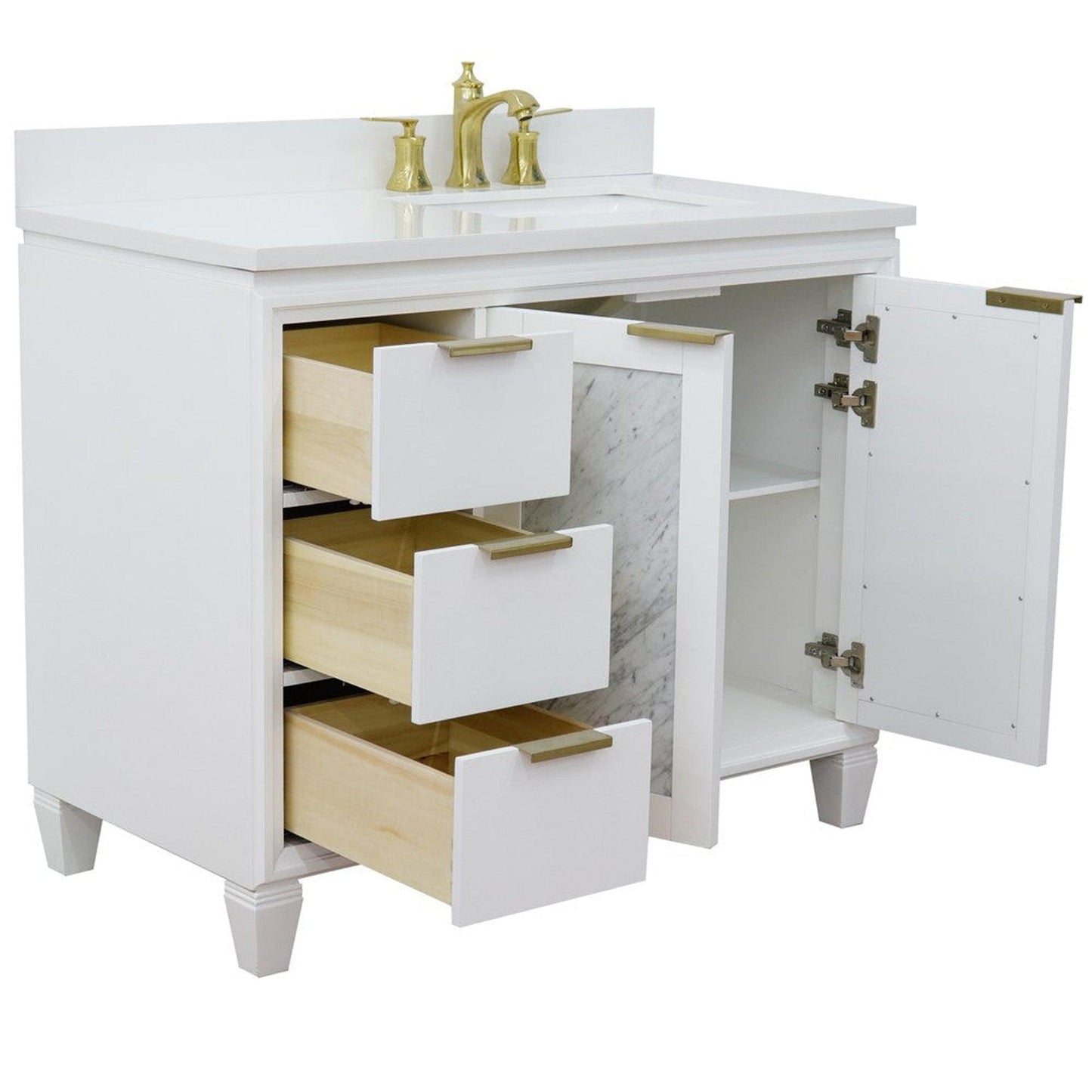 Bellaterra Home Trento 43" 2-Door 3-Drawer White Freestanding Vanity Set With Ceramic Right Undermount Rectangular Sink and White Quartz Top, and Right Door Cabinet