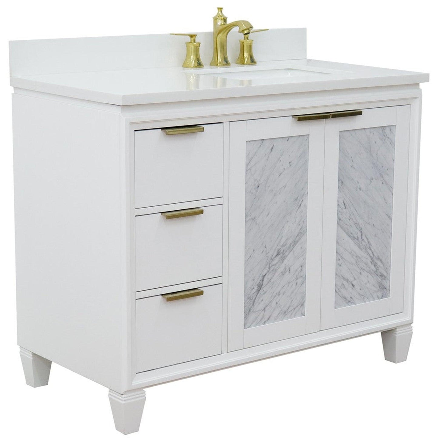 Bellaterra Home Trento 43" 2-Door 3-Drawer White Freestanding Vanity Set With Ceramic Right Undermount Rectangular Sink and White Quartz Top, and Right Door Cabinet
