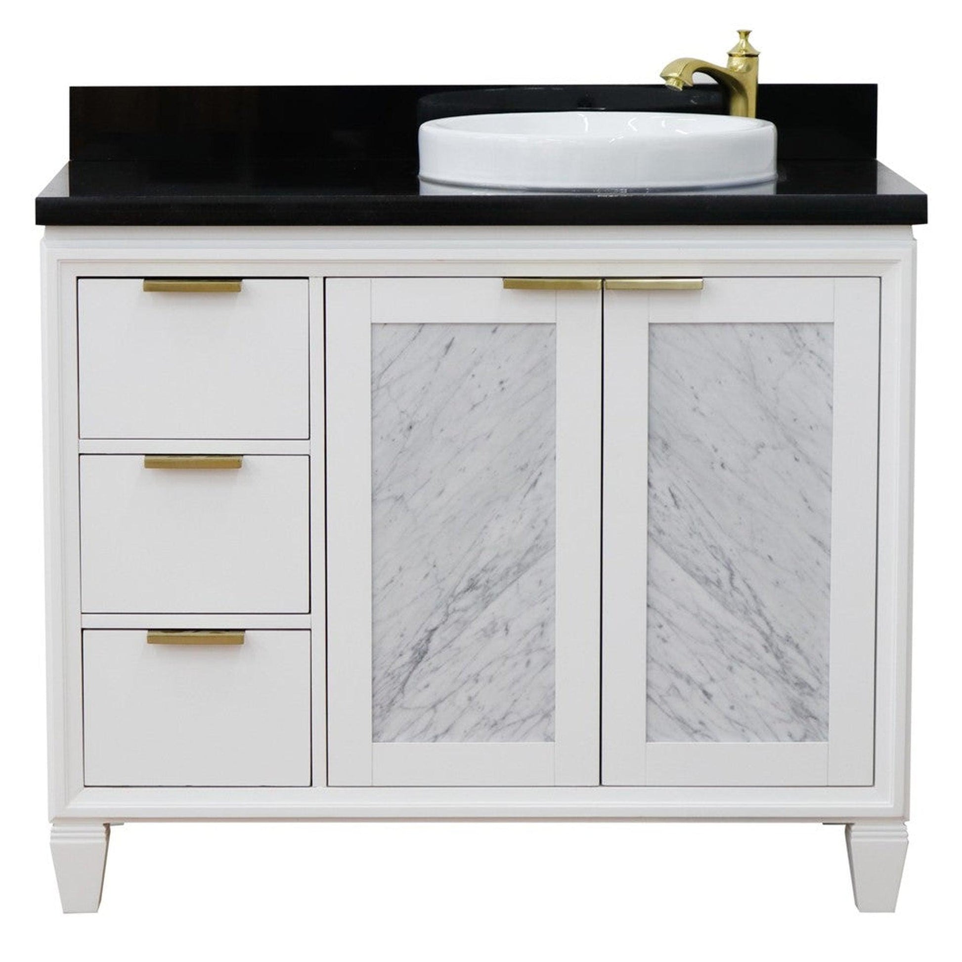 Bellaterra Home Trento 43" 2-Door 3-Drawer White Freestanding Vanity Set With Ceramic Right Vessel Sink and Black Galaxy Granite Top, and Right Door Cabinet