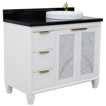 Bellaterra Home Trento 43" 2-Door 3-Drawer White Freestanding Vanity Set With Ceramic Right Vessel Sink and Black Galaxy Granite Top, and Right Door Cabinet
