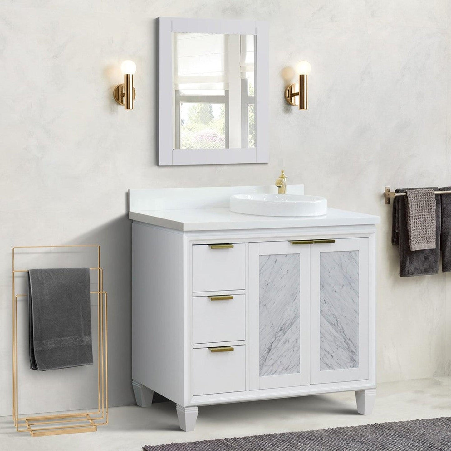Bellaterra Home Trento 43" 2-Door 3-Drawer White Freestanding Vanity Set With Ceramic Right Vessel Sink and White Quartz Top, and Right Door Cabinet
