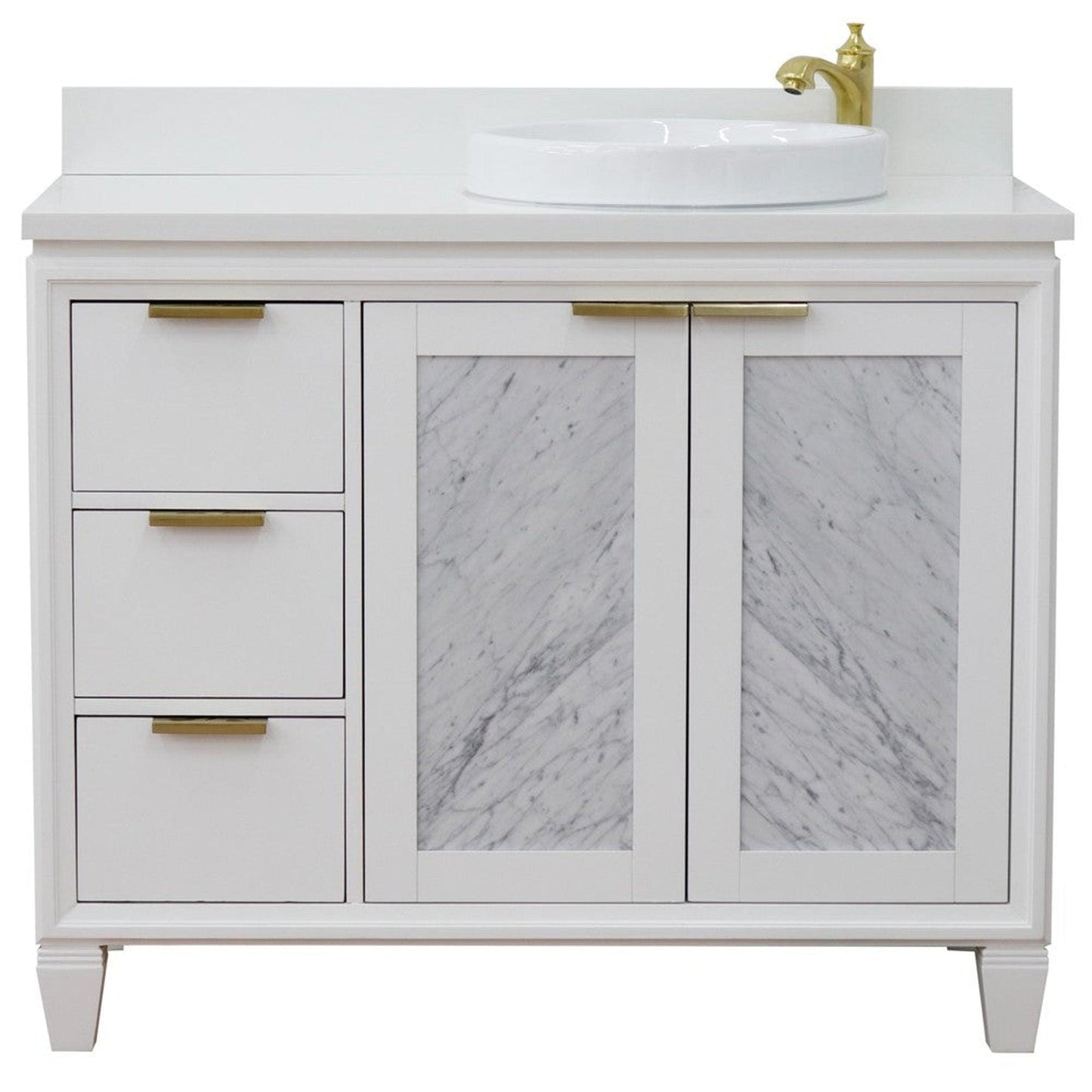 Bellaterra Home Trento 43" 2-Door 3-Drawer White Freestanding Vanity Set With Ceramic Right Vessel Sink and White Quartz Top, and Right Door Cabinet