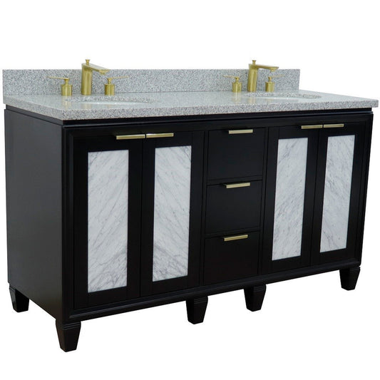 Bellaterra Home Trento 61" 4-Door 3-Drawer Black Freestanding Vanity Set With Ceramic Double Undermount Oval Sink and Gray Granite Top