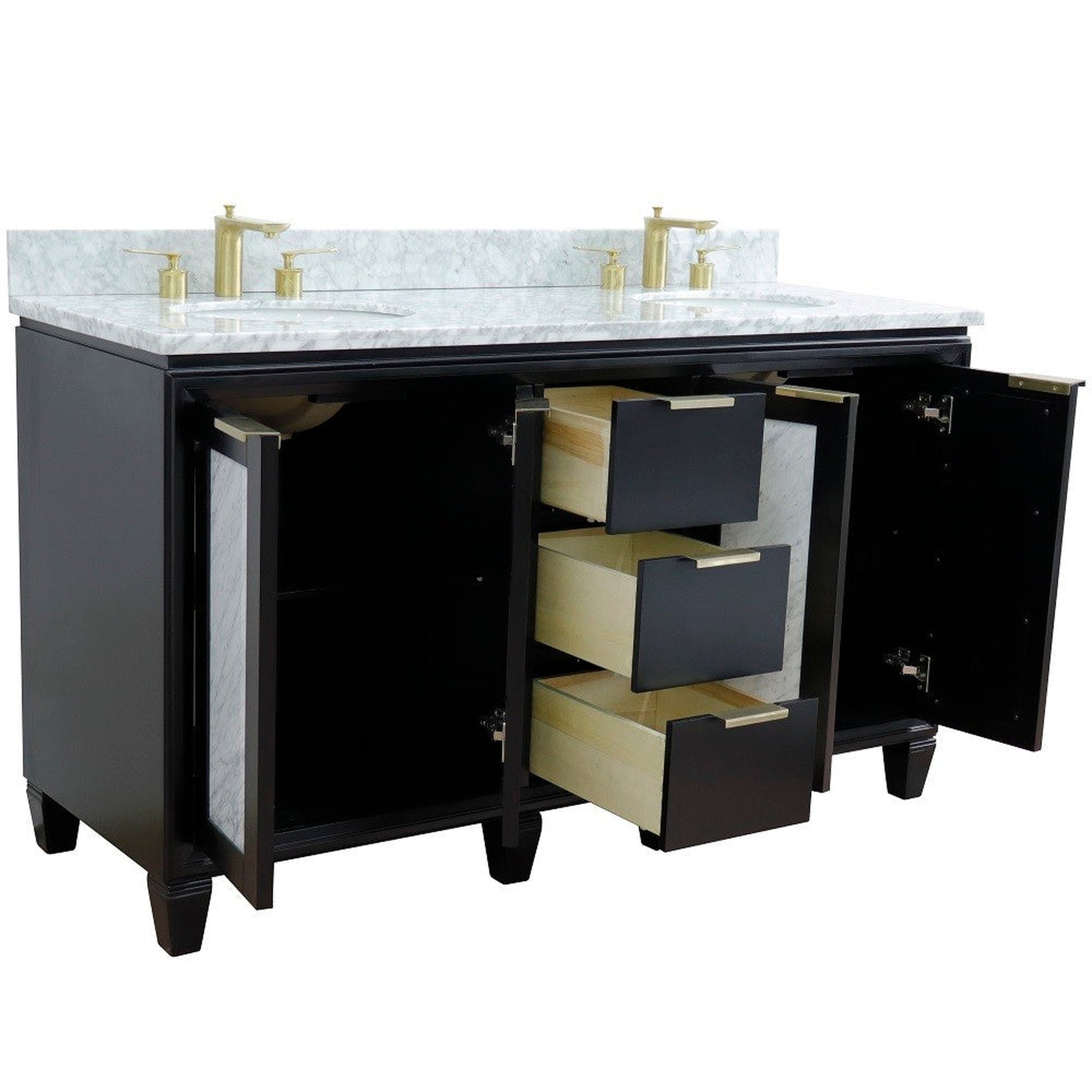 Bellaterra Home Trento 61" 4-Door 3-Drawer Black Freestanding Vanity Set With Ceramic Double Undermount Oval Sink and White Carrara Marble Top